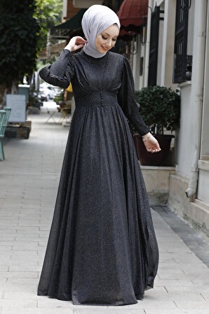 Düz Orta Kadın Siyah Abiye Elbise - 11003