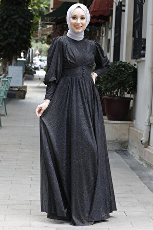 Düz Orta Kadın Siyah Abiye Elbise - 11003