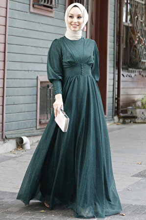 Düz Orta Kadın Yeşil Abiye Elbise - 11003