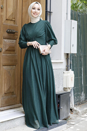 Düz Orta Kadın Yeşil Abiye Elbise - 11003