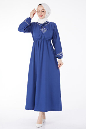 Düz Bisiklet Yaka Kadın Mavi Uzun Kollu Nakışlı Elbise - 13124