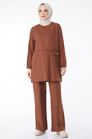 Düz Orta Kadın Kahverengi Tunik Pantolon - 10542