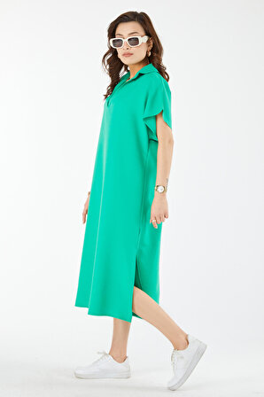 Düz Gömlek Yaka Kadın Yeşil V Yaka Sıfır Kol Elbise - 24442