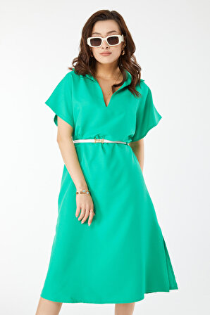 Düz Gömlek Yaka Kadın Yeşil V Yaka Sıfır Kol Elbise - 24442