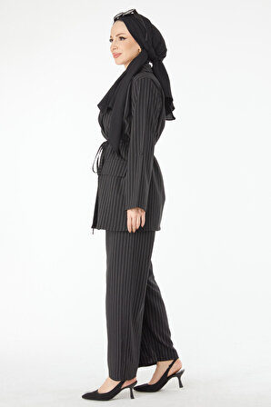 Düz Ceket Yaka Kadın Siyah Çİzgİli Ceket Pantolon Takım - 24511
