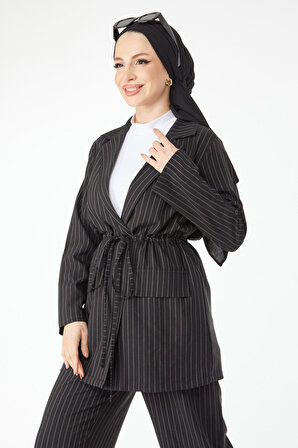 Düz Ceket Yaka Kadın Siyah Çİzgİli Ceket Pantolon Takım - 24511