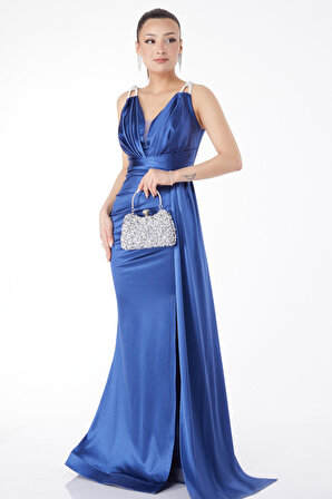 Düz Orta Kadın Mavi Taş Askılı Drape Abiye Elbise - 24589