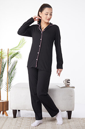 Düz Gömlek Yaka Kadın Siyah Süprem Uzun Kollu Pijama Takımı - 24596