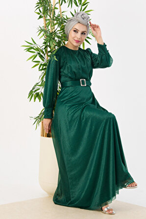 Düz Orta Kadın Yeşil Abiye Elbise - 11005