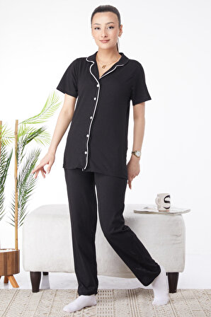 Düz Gömlek Yaka Kadın Siyah Süprem Kısa Kollu Pijama Takımı - 24595