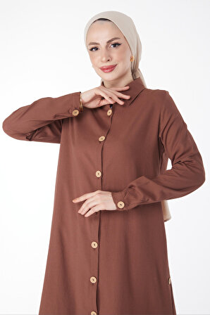 Düz Gömlek Yaka Kadın Kahverengi Tunik - 13016