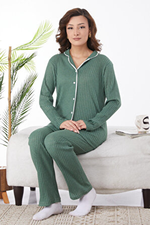 Düz Gömlek Yaka Kadın Yeşil Uzun Kollu Düğmeli Pijama Takımı - 24618