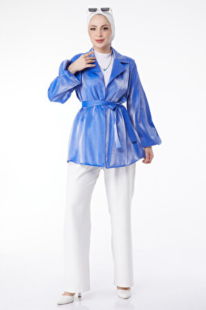 Düz Ceket Yaka Kadın Mavi Parlak Detaylı Kuşaklı Ceket - 24752