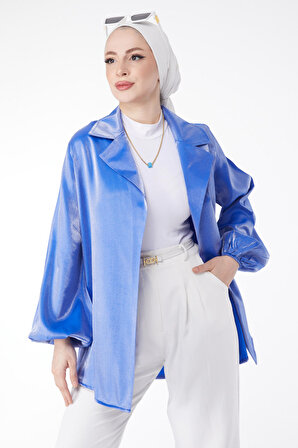 Düz Ceket Yaka Kadın Mavi Parlak Detaylı Kuşaklı Ceket - 24752