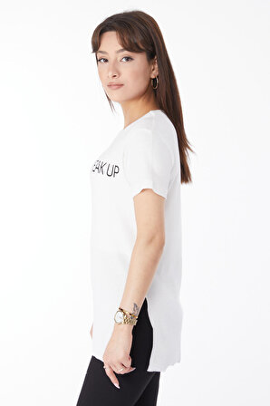 Düz Bisiklet Yaka Kadın Beyaz Baskılı Yırtmaçlı T-shirt - 24791