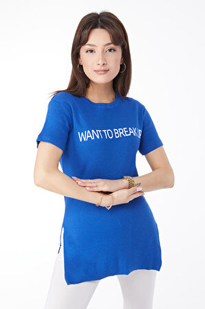 Düz Bisiklet Yaka Kadın Mavi Baskılı Yırtmaçlı T-shirt - 24791