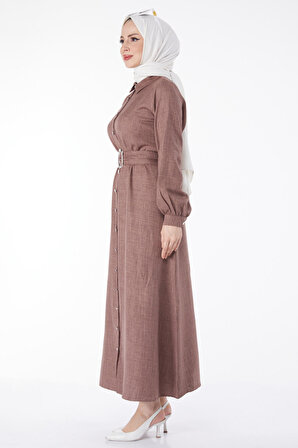 Düz Gömlek Yaka Kadın Vizon Çapraz Kemer Detaylı Elbise - 24967
