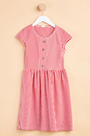 Kız Çocuk Kırmızı Çizgili Kısa Kollu Elbise - 24943