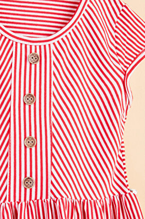 Kız Çocuk Kırmızı Çizgili Kısa Kollu Elbise - 24943