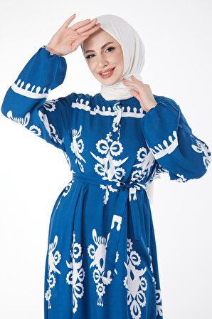 Düz Hakim Yaka Kadın Mavi Desenli Renkli Elbise - 24989