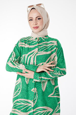 Düz Gömlek Yaka Kadın Yeşil Desenli Tunik - 25040