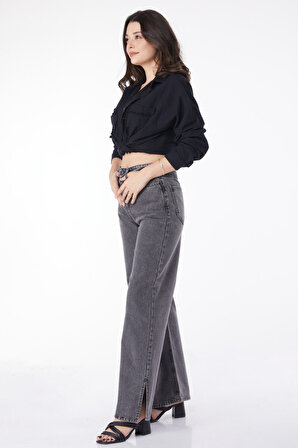 Düz Orta Kadın Siyah Önden Yırtmaçlı Kot Pantolon - 25089