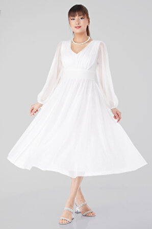 Düz Orta Kadın Beyaz V Yaka Büzgülü Elbise - 25103