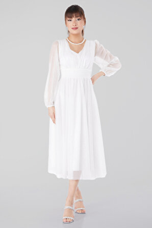 Düz Orta Kadın Beyaz V Yaka Büzgülü Elbise - 25103
