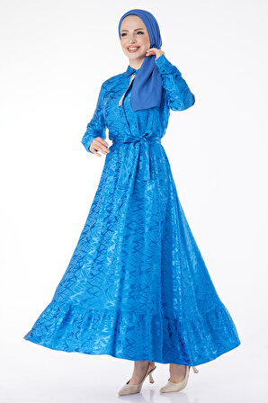 Düz Gömlek Yaka Kadın Mavi Taş Detaylı Abiye Elbise - 25191