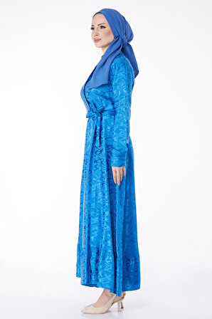 Düz Gömlek Yaka Kadın Mavi Taş Detaylı Abiye Elbise - 25191