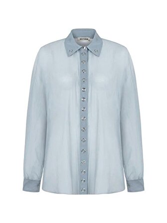 Nocturne Gömlek Yaka Düğmeli Uzun Kollu Mavi Kadın Gömlek N24YN25141