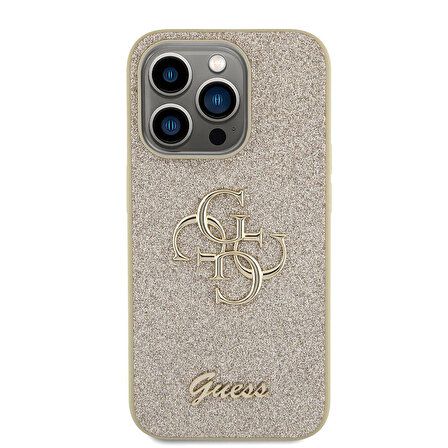 iPhone 15 Pro Max Uyumlu Kılıf Guess Orjinal Lisanslı 4G Büyük Metal Logolu Glitter Kapak Gold