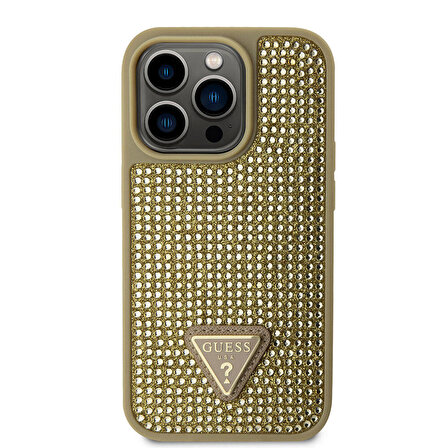 iPhone 15 Pro Uyumlu Kılıf Guess Orjinal Lisanslı Taşlı Arka Yüzey Üçgen Logolu Kapak Gold
