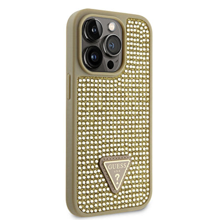 iPhone 15 Pro Uyumlu Kılıf Guess Orjinal Lisanslı Taşlı Arka Yüzey Üçgen Logolu Kapak Gold
