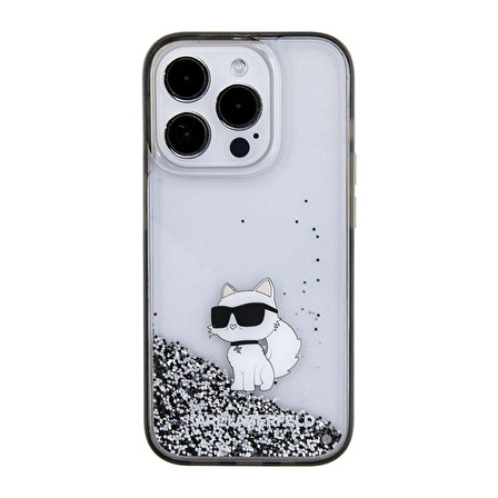 iPhone 15 Pro Uyumlu Kılıf Karl Lagerfeld Choupette Sıvılı Glitter Orjinal Lisanslı Kapak Şeffaf