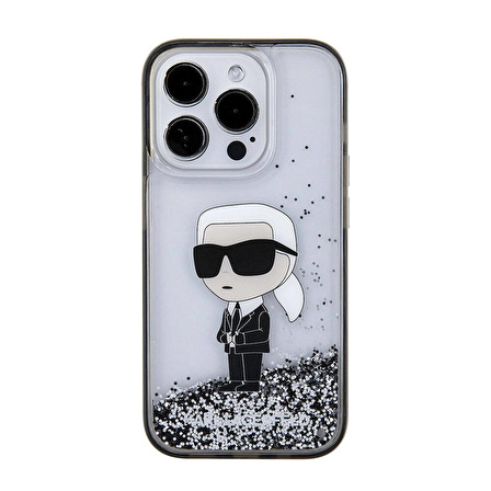 iPhone 15 Pro Uyumlu Kılıf Karl Lagerfeld İkonik Sıvılı Glitter Orjinal Lisanslı Kapak Şeffaf