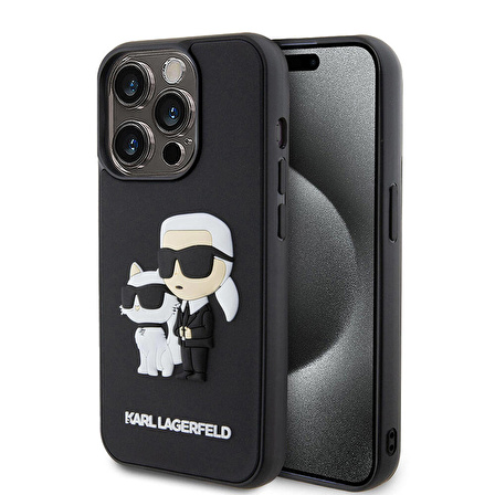 iPhone 15 Pro Uyumlu Kılıf Karl Lagerfeld Silikon 3D K&C Logo Orjinal Lisanslı Kapak Siyah