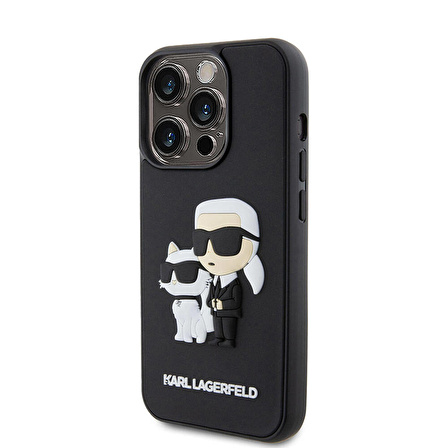 iPhone 15 Pro Uyumlu Kılıf Karl Lagerfeld Silikon 3D K&C Logo Orjinal Lisanslı Kapak Siyah