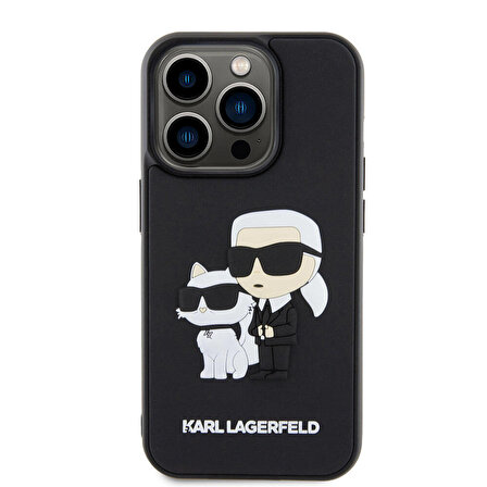 iPhone 15 Pro Uyumlu Kılıf Karl Lagerfeld Silikon 3D K&C Logo Orjinal Lisanslı Kapak Siyah