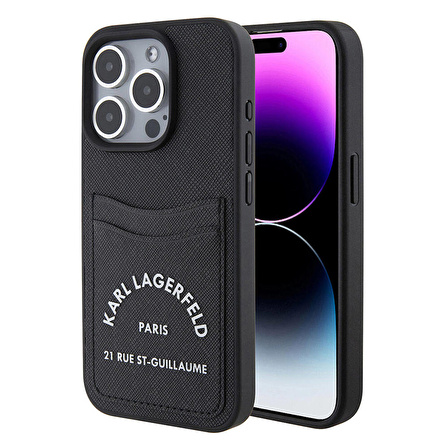 iPhone 15 Pro Max Uyumlu Kılıf Karl Lagerfeld Kartlıklı Saffiano 3D RSG Logo Orjinal Lisanslı Siyah