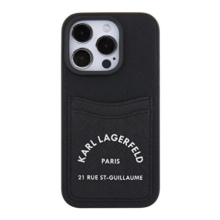 iPhone 15 Pro Max Uyumlu Kılıf Karl Lagerfeld Kartlıklı Saffiano 3D RSG Logo Orjinal Lisanslı Siyah
