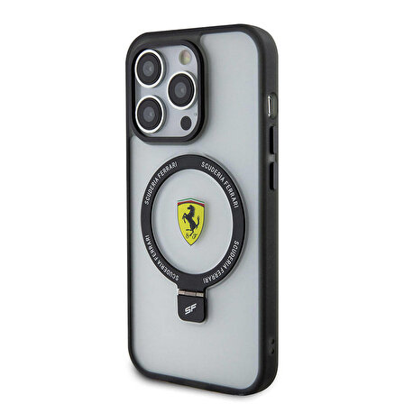 iPhone 15 Pro Max Kılıf Ferrari Magsafe Şarj Özellikli Standlı Buzlu Yüzey Dizayn Transparan Siyah