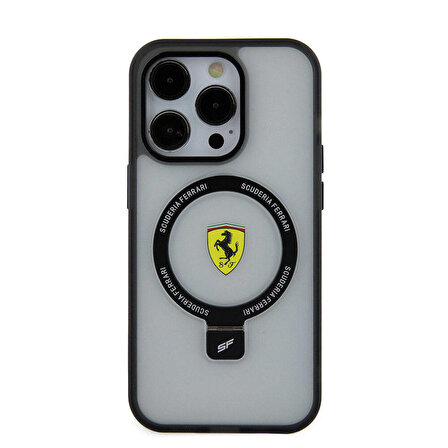 iPhone 15 Pro Max Kılıf Ferrari Magsafe Şarj Özellikli Standlı Buzlu Yüzey Dizayn Transparan Siyah