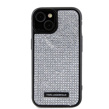 iPhone 15 Plus Uyumlu Kılıf Karl Lagerfeld Taşlı Metal Logo Orjinal Lisanslı Kapak Gümüş