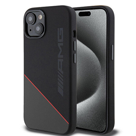 iPhone 15 Kılıf AMG Orjinal Lisanslı Magsafe Şarj Özellikli Silikon Kırmızı Çizgili Kapak Siyah