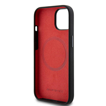 iPhone 15 Kılıf AMG Orjinal Lisanslı Magsafe Şarj Özellikli Silikon Kırmızı Çizgili Kapak Siyah