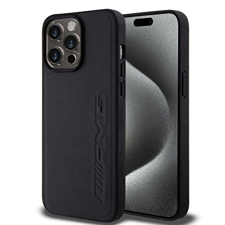 iPhone 15 Pro Max Kılıf AMG Orjinal Lisanslı Magsafe Şarj Özellikli Deri Sıcak Damgalı Kapak Siyah