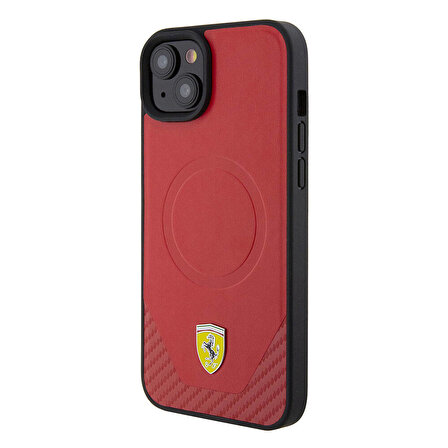 iPhone 15 Kılıf Ferrari Orjinal Lisanslı Magsafe Şarj Özellikli Metal Logolu PU Karbon Kapak Kırmızı