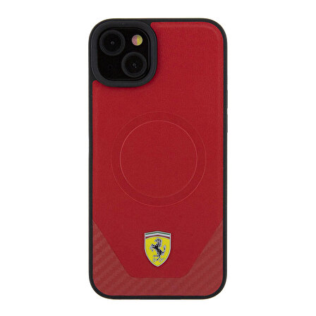 iPhone 15 Kılıf Ferrari Orjinal Lisanslı Magsafe Şarj Özellikli Metal Logolu PU Karbon Kapak Kırmızı