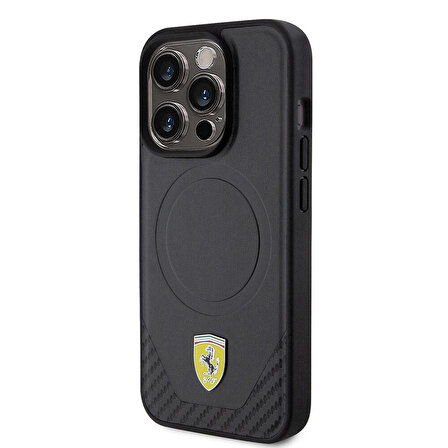 iPhone 15 Pro Kılıf Ferrari Orjinal Lisanslı Magsafe Şarj Özellikli Metal Logolu PU Karbon Siyah